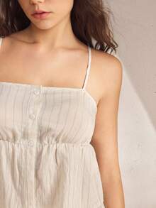 Ocili 休闲舒适天然亚麻柔软条纹吊带背心和裤子睡衣套装，别致的秋季 - 米色 - 查看 4