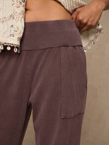 Freevana Plus Size Women Solid Color Elastic Waist Pockets Casual Harem Pants - Mocha Brown - View 2