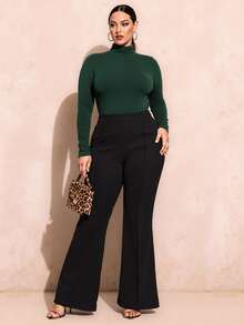 SHEIN SXY Plus Size Women's Autumn Teal Blue Slim High Collar Long Sleeve All-Match T-Shirt Basic T-Shirt Dark Green Tops Green Long Sleeve Top