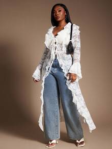 SHEIN SXY Plus Size Women Sexy Sheer Lace Elastic Blouse With Elegant Ruffle Trim Design, Suitable For Outerwear And Layering, Enriching Your, Streetwear, Going Out, Date Night, Fashionable, Lace Women Lace Cover Up Lace Kimono,Suitable For Leisure,Street Style,Western Wear,Music Festival,Vintage,Minimalism,Concert,Carnival Party - White - View 3