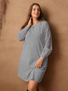 Rosumi Đầm suông rộng tay dài cổ tròn họa tiết gân cho nữ cỡ lớn - Xám - Xem 7