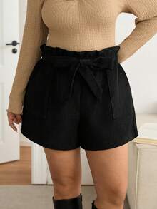 SHEIN Frenchy Plus Size Women Casual Solid Color Wide Leg Shorts - Black - View 4