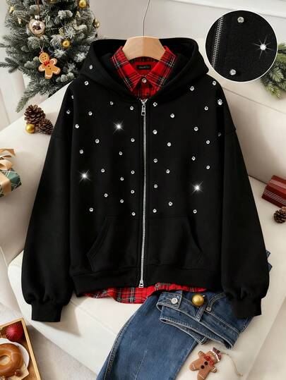 Franclia 秋冬季抓绒卫衣，镶钻，经典连帽卫衣，双拉链设计，闪耀钻石