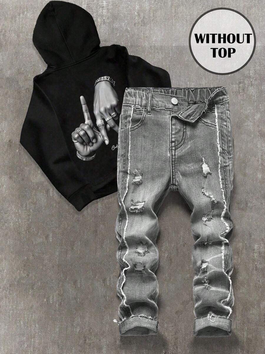 SHEIN Young Boy Vintage Urban Street Distressed Ripped Frayed Raw Edge Splicing High Elastic Grey Denim Jeans, Fall Winter,Casual And Versatile For Boys Fall/Winter Dailywear And Streetwear,Christmas, New Year,Thanksgiving,Stylish,Graduation - Grey - View 1