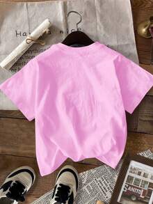 SHEIN 亮粉色，卡通女孩印花，K-Pop 超级明星 Rumi、Mira、Zoey，少女休闲简约短袖圆领 T 恤