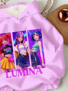 SHEIN 淡紫色，韩流卡通女孩肖像印花，少女休闲舒适加厚柔软长袖卫衣，适合秋冬季日常穿着、外出、街头风、校园穿搭。 - 彩色 - 查看 5