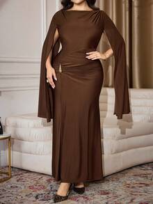 Modelyn Plus Size Women Solid Color Boat Neck Ruched Metal Decor Elegant Dress Chocolate Brown Dress Dress With Cape Long Brown Dress Brown Elegant Dress Women Brown Sexy Dress - Rust Brown - View 2