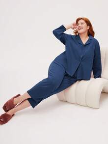 LUVLETTE Plus Size Soft Brushed Cotton Basic PJ Set Women's Lounge Set Fall Pajamas - Blue - View 6