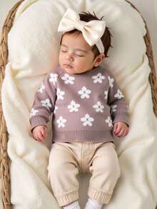 SHEIN 女婴花卉提花针织毛衣，舒适圆领长袖套头衫，优雅可爱，适合秋冬季节，百搭实用，适合日常穿着、休闲、旅行、上学等场合。女婴针织毛衣，女婴秋季毛衣，女婴春秋季毛衣，女婴套头衫，女婴纯色针织毛衣，女婴针织衫，女婴花朵野花图案，女婴浅紫色毛衣。 - 彩色 - 查看 7