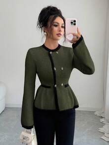 SHEIN Elenzya Suéter elegante de mujer con cuello redondo y diseño de botones delanteros en contraste de color - Verde - Ver 5