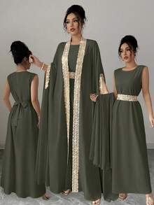 Rafferiza Women's Elegant 2 Pieces Set: Ribbon Trim Batwing Sleeve Outerwear And Sleeveless Dress Open Abaya Abayas Dubai Luxury Arabic Dress Dress With Cape Dress Modest - Army Green - View 8