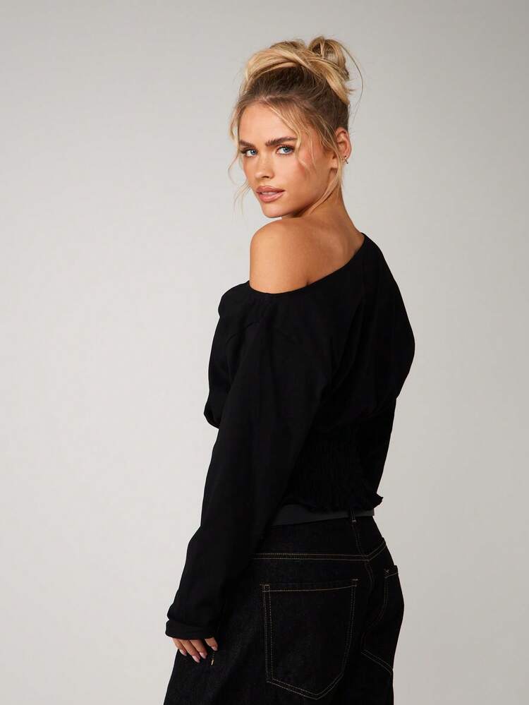 MISSGUIDED Blusa con spalle scoperte, maniche lunghe, vita arricciata, top casual autunnale e invernale