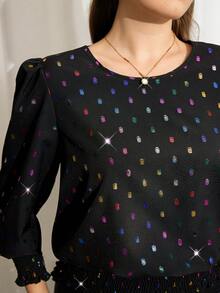 SHEIN LUNE Top con scollo rotondo e paillettes di taglia grande con maniche a lanterna metallizzate, top scintillante con paillettes, collezione di moda, top elegante, abbigliamento da donna per Capodanno e Natale, abbigliamento invernale da donna, abbigliamento formale da donna per San Valentino, top elegante da ufficio, top a pois. Adatto per uso quotidiano, adatto per pendolarismo, evento di festa elegante quotidiano, blusa casual con maniche a sbuffo di taglia grande Nuovo Anno Vacanze estive per donna San Valentino, Vacanze donna, blusa casual per donna, blusa elegante da donna, top da festa per donna Capodanno Capodanno Top da festa elegante per donna Abito elegante da donna Bluse eleganti da donna Blusa casual da donna estiva Vacanze Top a pois ID AI-Adha Top nero con paillettes Top nero da festa Top nero da donna Bluse Blusa con maniche a lanterna Top nero con strass