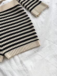 SHEIN 2pcs/Set Teen Girls Vacation Striped Sweater Top And Shorts Set, Collared Long Sleeve Pullover And Knitted Shorts Striped Two Piece Set Two Piece Knit Set Preppy Two Piece Set Striped Sweater Set Knit Two Piece Set,In Fall/Winter