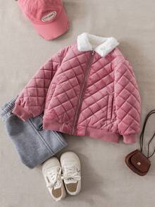 PrepCrw 1pc Young Girl Elegant College Style Casual Urban White Faux Fur Collar Pink Argyle Pattern Long Sleeve Winter Coat, Suitable For Outings, Gatherings, Back To School, Autumn/Winter