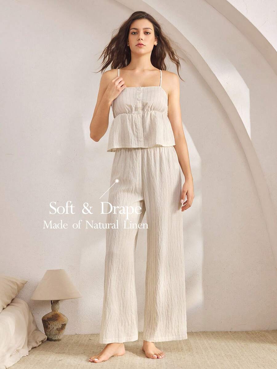 Ocili 休闲舒适天然亚麻柔软条纹吊带背心和裤子睡衣套装，别致的秋季 - 米色 - 查看 1