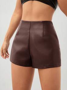 SHEIN PETITE Damen Shorts Vintage Burgund Sexy Leder PU Mini Shorts für Party, Halloween Outfits, Weihnachtsoutfits, Thanksgiving Outfits, Sexy Sirene Bürooutfits - Kaffeebraun - Übersicht 7