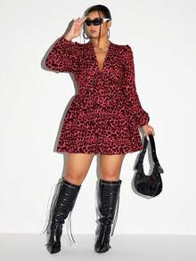 SHEIN ICON 大码V领长袖豹纹泡泡下摆连衣裙 - 紅色 - 查看 3