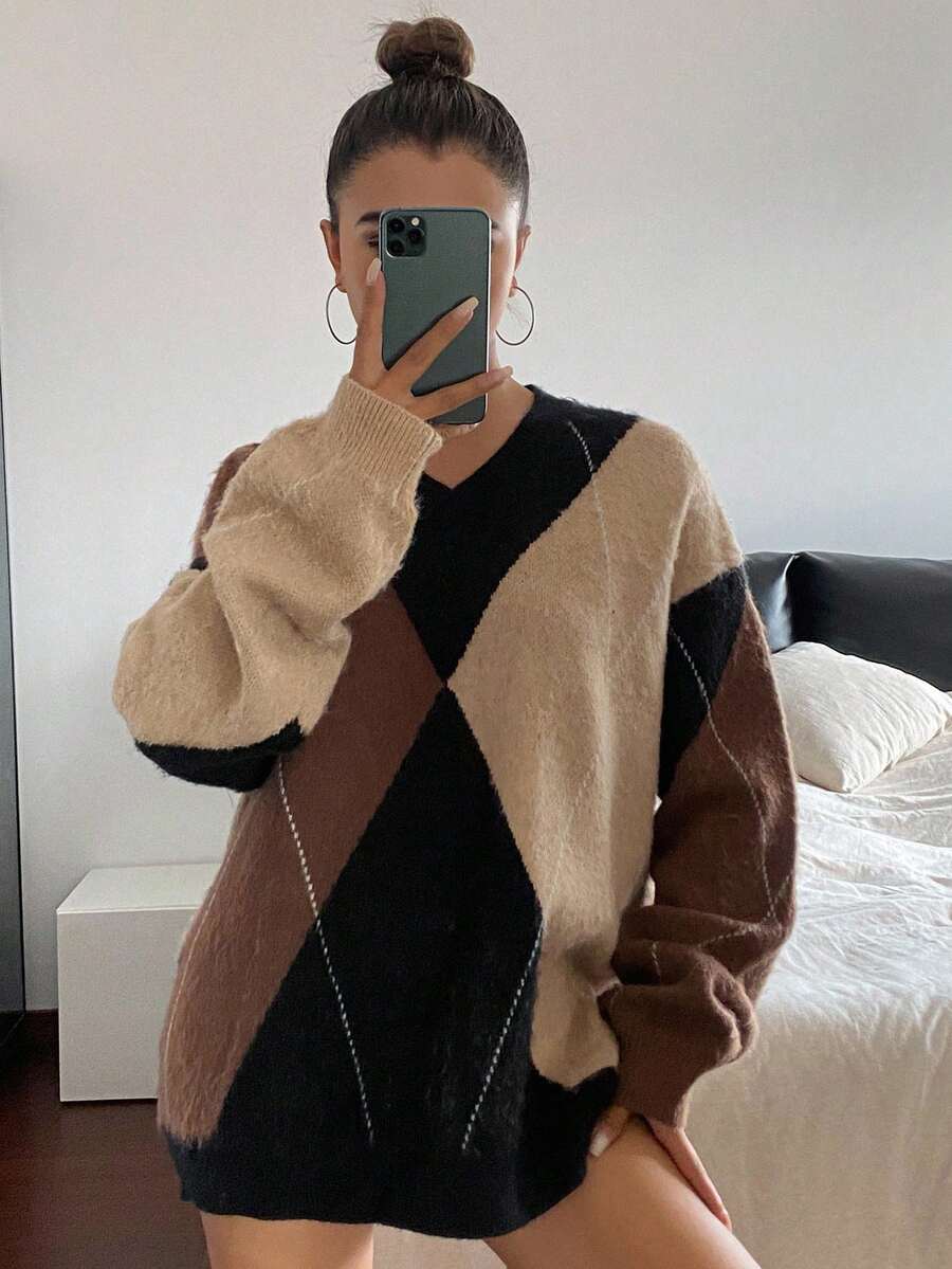 Livesso 女式格子拼色落肩长袖休闲宽松毛衣，秋冬 - 咖啡棕 - 查看 1