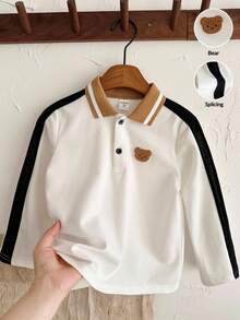 LMoss Kids LMoss 男童针织熊图案休闲 Polo 衫，长袖上衣，冬季服装，长袖，秋季，拼接长袖 Polo 衫，白色上衣，舒适的秋冬款式，秋冬服装