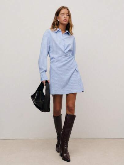 Nöista Vestido camisero a rayas azules con cintura anudada. Vestido elegante pero chic para mujer, perfecto para el trabajo, salidas casuales o eventos formales.