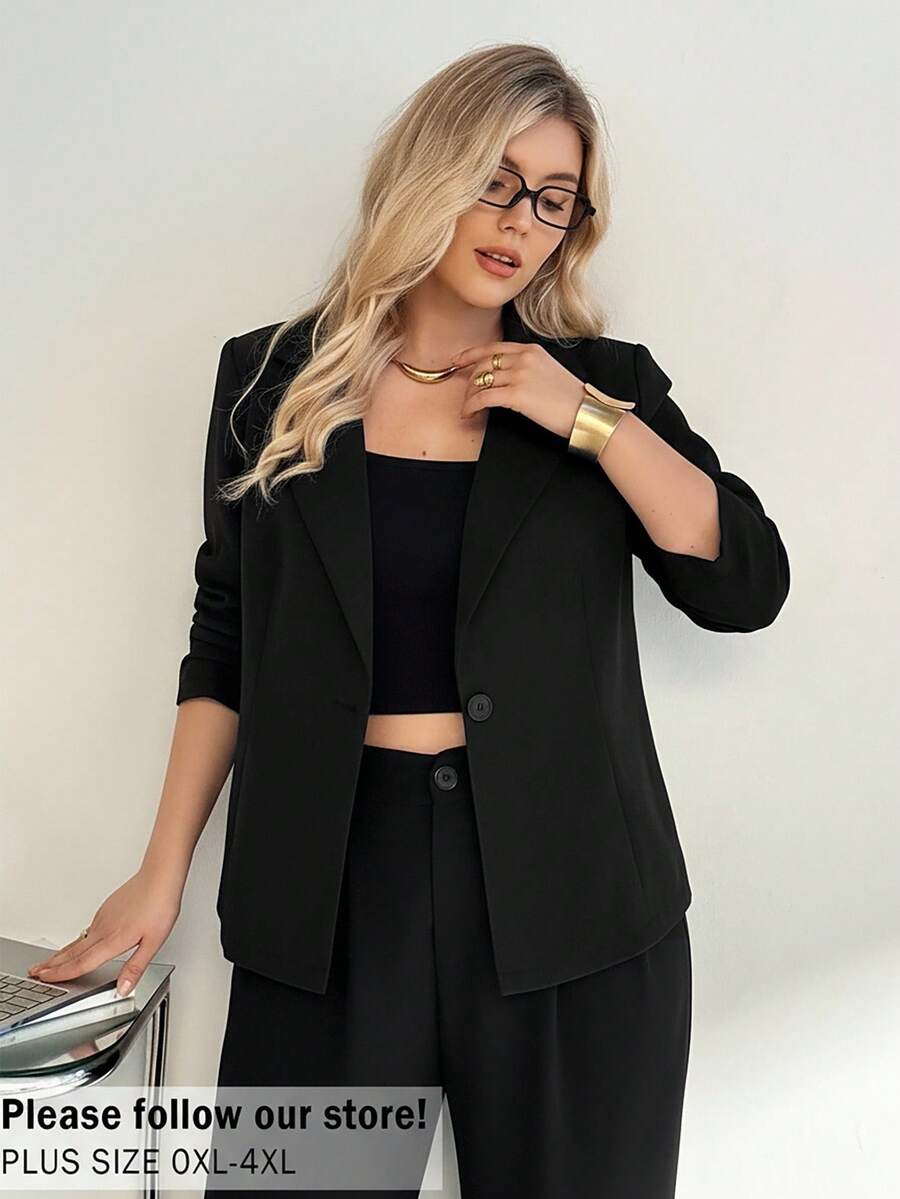 SHEIN Essnce 大尺碼女款黑色夏季休閒商務辦公專業西裝外套,優雅時尚秋季新款通勤灰色冬季西裝外套 - 黑色 - 查看 1