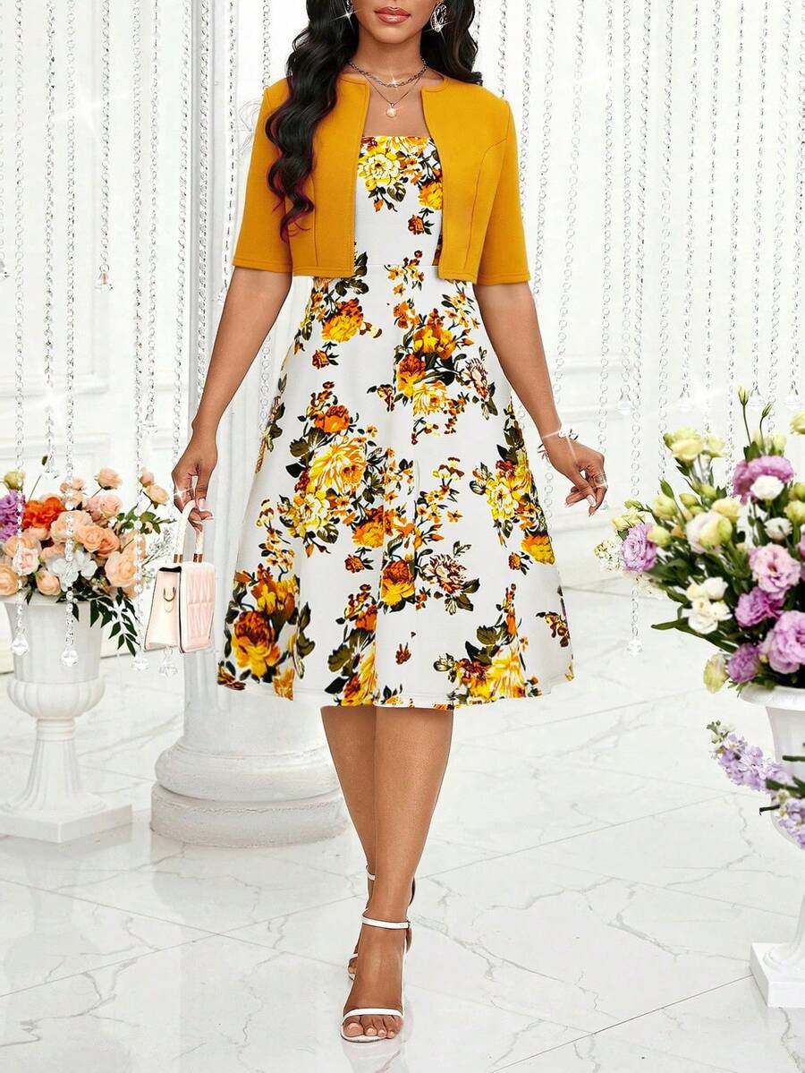 SHEIN Lady 春夏浪漫亮色轻熟气质优雅长裙短外套两件套 - 黃色 - 查看 1
