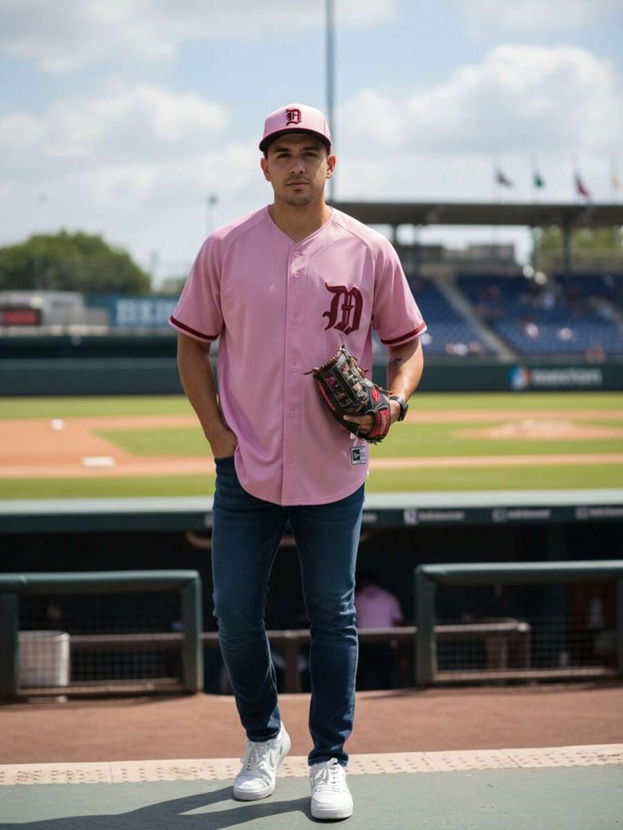 Camisa tipo jersey de béisbol - Rosa - Ver 1