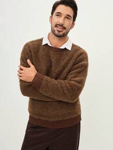 Manfinity CityGents 男士纯色圆领落肩长袖休闲羊毛衫，秋冬款 - 棕色 - 查看 7