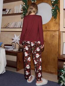 SHEIN Conjunto de pijama cómodo para mujer con estampado de Papá Noel, cuadros y copos de nieve, de manga raglán y cuello redondo, para otoño e invierno - Burdeos - Ver 2