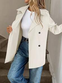 SHEIN LUNE Áo khoác trench coat cổ ve trơn màu tay dài, cài hai hàng khuy đơn giản dành cho nữ - Màu be - Xem 7