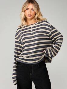 MISSGUIDED Striped Long Sleeve Button Front Top With Crew Neck For Casual Everyday Wear - Multicolor - View 1