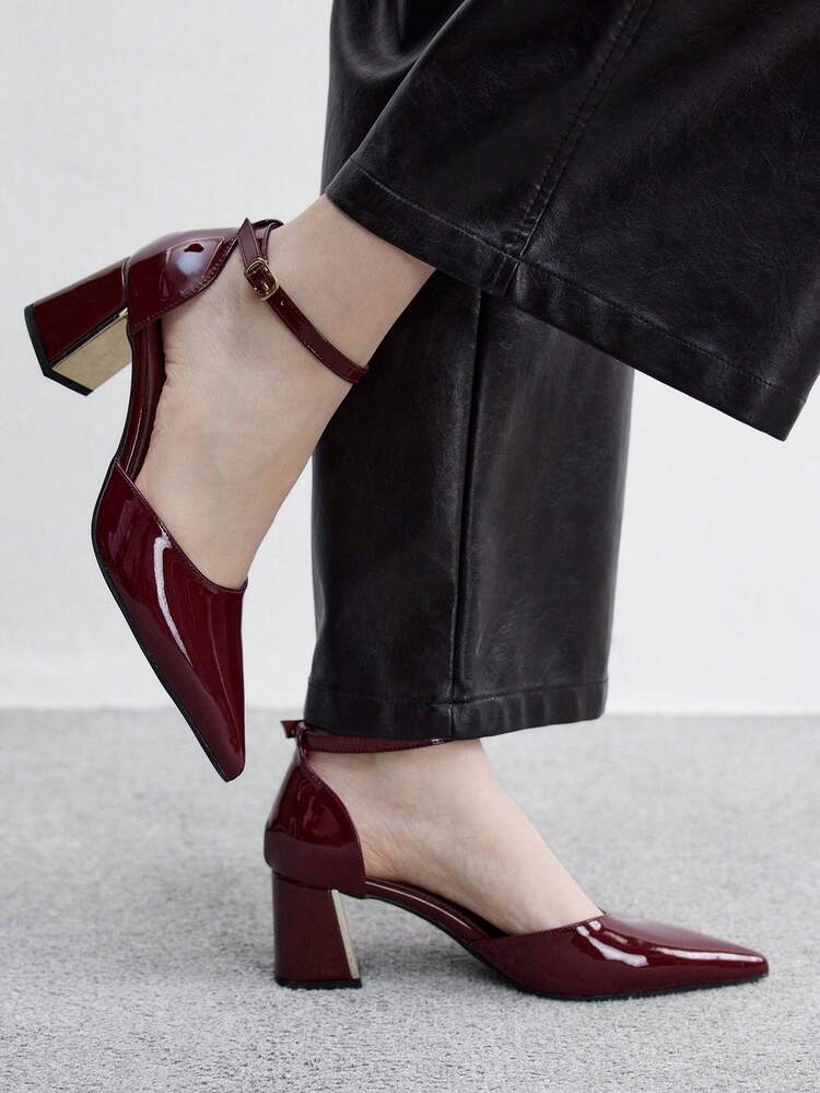CUCCOO BIZCHIC Pointed Toe Chunky Heel Burgundy Sexy Fashion Commuter Office Lady Versatile Women's High Heel Pumps For Christmas Spring Shoes
