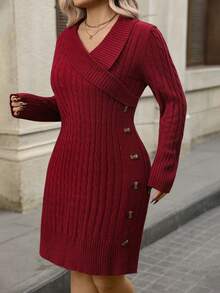 Juhart 大码女式不对称领长袖休闲针织连衣裙，秋冬款 - 酒紅色 - 查看 4