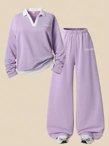SHEIN Explorewe 两件套少女时尚休闲长袖V领字母印花卫衣搭配宽松侧袋运动裤，适合圣诞节、万圣节、秋冬季穿着。 - 紫色 - 查看 7