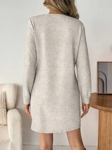 Easowa Women's Casual Ribbed Long Sleeve Short Dress, Basic Outfit For Autumn/Winter Daily Wear Long Sleeve Dress - Apricot - View 2