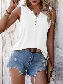 SHEIN LUNE Mùa hè giản dị Nút Trang trí Linh hoạt Thời trang Áo ba lỗ - trắng - Xem 5