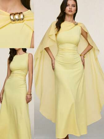 Poéselle 女士纯色不对称褶皱修身连衣裙