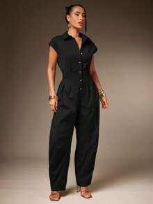 Hauture Bộ đồ liền thân tay ngắn hình thùng cài nút phía trước gợi cảm cho nữ vào mùa hè - màu đen - Xem 4