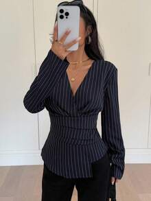 Siren Gaze New Autumn And Winter Waist Striped Long-Sleeved Shirt, Navy Blue Old Money Style Fashionable Commuter Shirt For Women,Fall,Fall Clothes For Women Elegant Spring