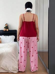 SHEIN Conjunto de camiseta de tirantes con estampado de corazones a rayas y arrugas, pantalones y bata con cinturón, talla grande, otoño e invierno - Rosa - Ver 3