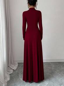 SHEIN Elenzya 女士标准尺码纯色罗纹修身优雅针织连衣裙，秋冬款 - 酒紅色 - 查看 2