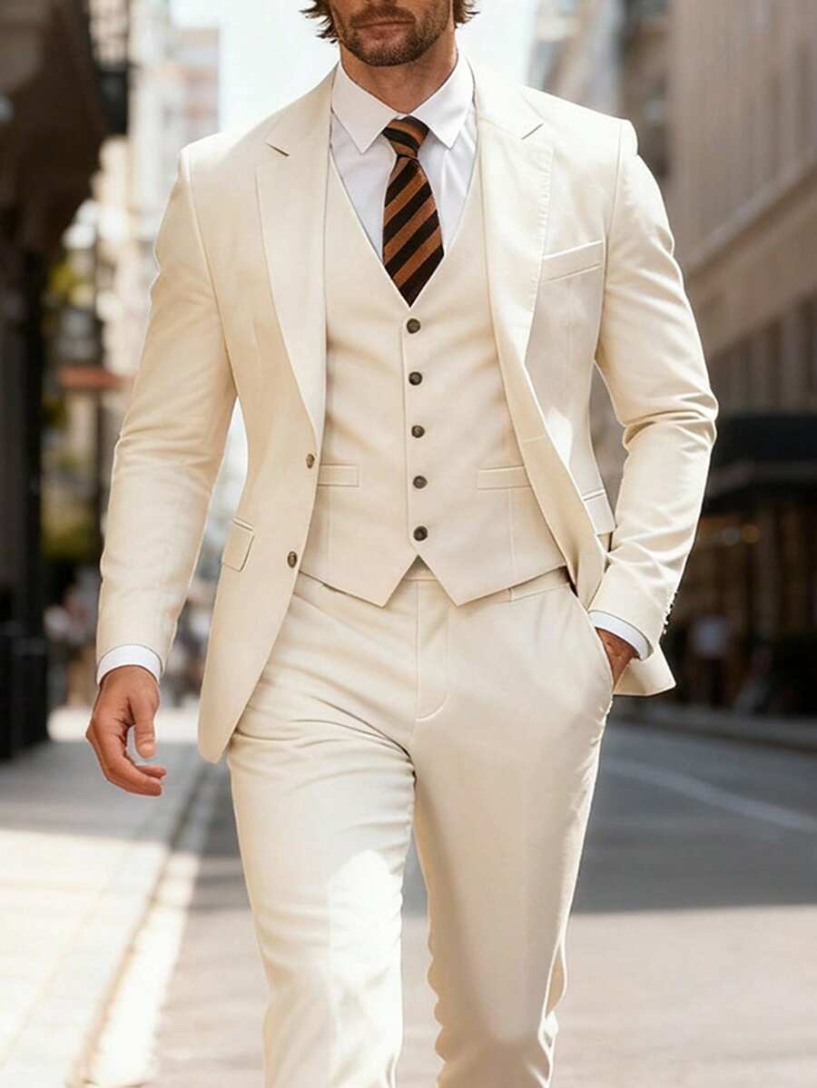 Manfinity Mode 3 Piezas Conjunto de Traje de Hombre/Chaqueta de Traje + Chaleco + Pantalones - Albaricoque - Ver 1