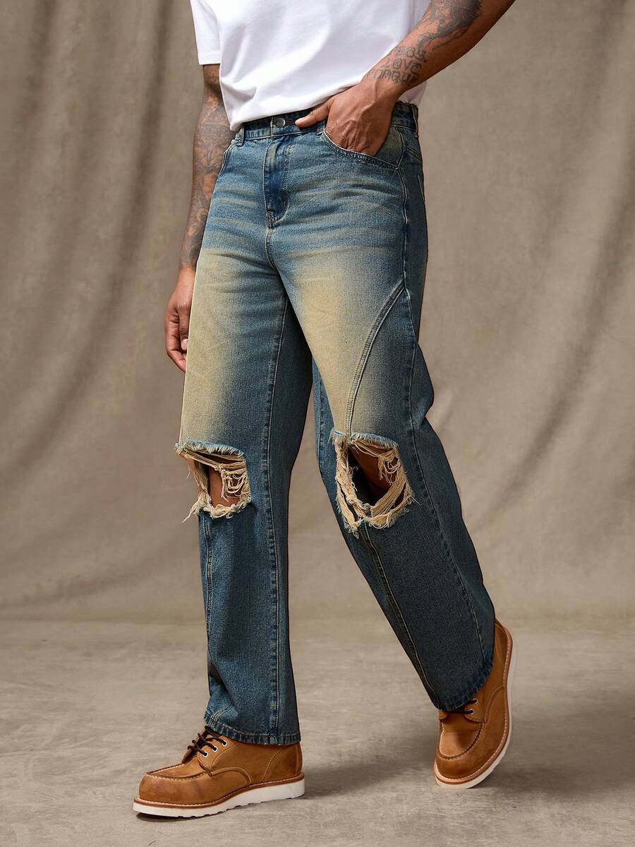 RivetRise 休闲复古做旧拼接阔腿男士牛仔裤