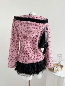 SHEIN Unity Autumn/Winter Fluffy Leopard Print Contrast Color Loose Hooded Women Jacket Coat - Pink - View 2