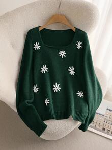 CosyJoli Áo len thêu hoa cỡ lớn, thường ngày cho mùa thu/đông - màu xanh lá - Xem 5