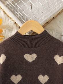 女童休闲爱心印花圆领长袖连衣裙，秋冬款 - 棕色 - 查看 3