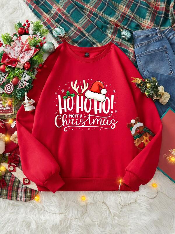 SHEIN EZwear Christmas Casual Minimalist Slogan Print Pattern Loose Fit Crew Neck Long Sleeve Thick Sweatshirt For Women, Suitable For Holiday, Christmas Party, Couples, Family