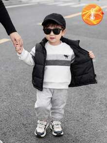 SHEIN 0-3 岁男女通用婴幼儿春秋灰色和白色拼接长袖套头衫搭配纯灰色裤子套装，简约时尚百搭设计适合外出、休闲装和日常上学穿着