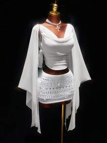 Amplova 两件套女士缎面露背收腰连衣裙，配蝴蝶结披肩领和水钻后背装饰，闪亮亮片迷你裙，适合派对、秋冬季穿着。 - 白色 - 查看 6